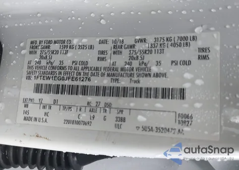 2018 Ford F-150 Lariat z USA, uszkodzony, nr VIN 1FTEW1EG0JFE61276